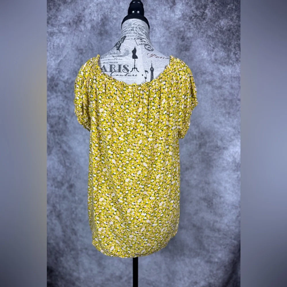 Old Navy Yellow Floral Cottagecore Peasant Blouse Tie Neck Rayon Top L